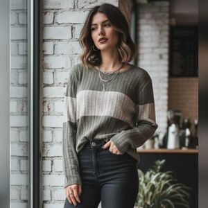 Minimalist Two-Tone Ribbed Long Sleeve Top | Green & Beige, Plus Size XXL